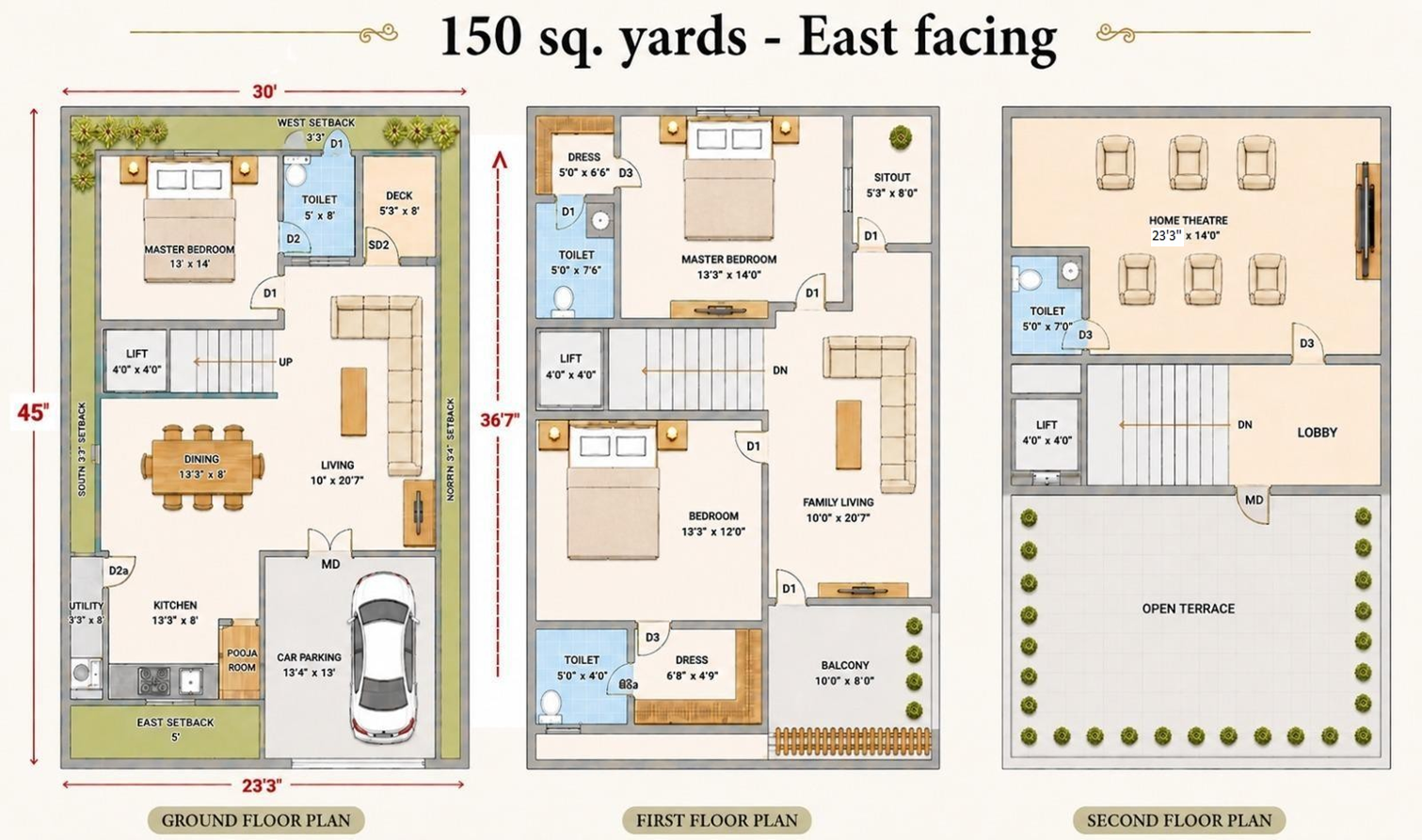 150 Sq. Yards East Facing - Floor Plan
